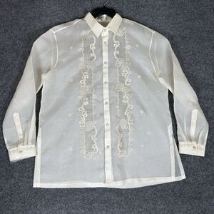 Barong Tagalog Filipino Shirt Mens 2XL Ivory Sheer Dress Long Sleeve Embroidered